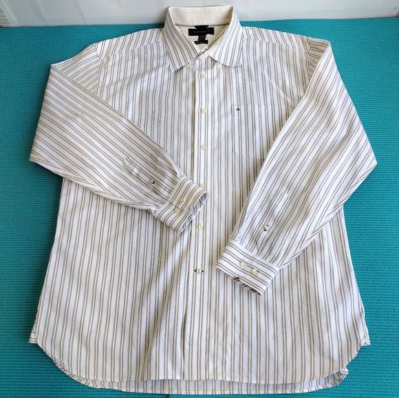 Tommy Hilfiger 80's Two Ply Cotton Men's Tan/White Striped Shirt XL - Picture 2 of 8
